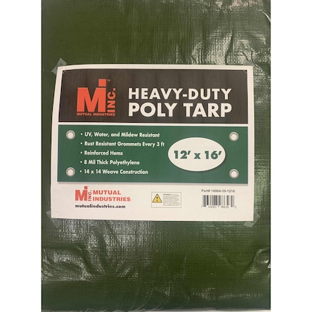 Mutual Industries Heavy Duty Tarp, 12 ft x 16 ft, 8 Mil, Green, Polyethylene, UV Resistant, Mildew Resistant 14964-39-1216